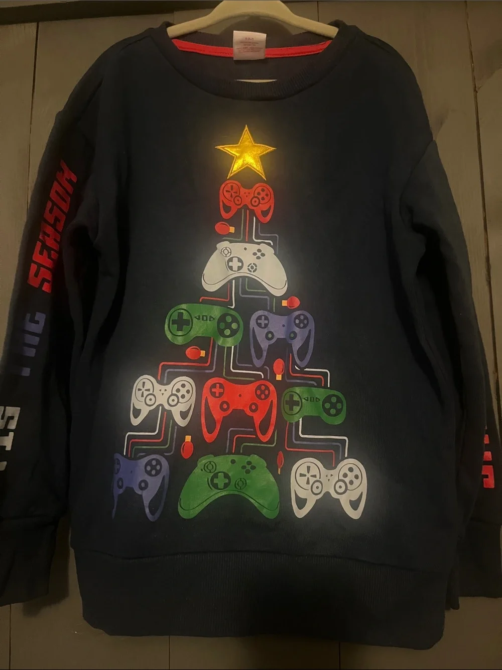 Holiday Time Navy Sweatshirt with Colorful Controller Tree Graphic